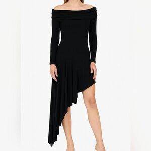 Lulus Womens Black Asymmetrical Long Sleeve Ofd Shoulder Dress Size M Cocktail